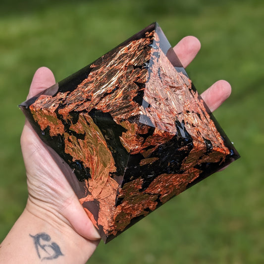 Black And Copper Orgone Pyramid - Large Natural Shungite Stone For Cleansing Energy - Real Orgonite For EMF Protection - Crystal Decor Altar