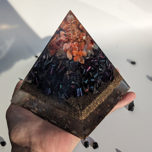 Handmade Large Orgone Pyramid - Real Quartz Point Orgonite - Amethyst Stone For Healing Energy - Black Tourmaline Crystal For Manifestation