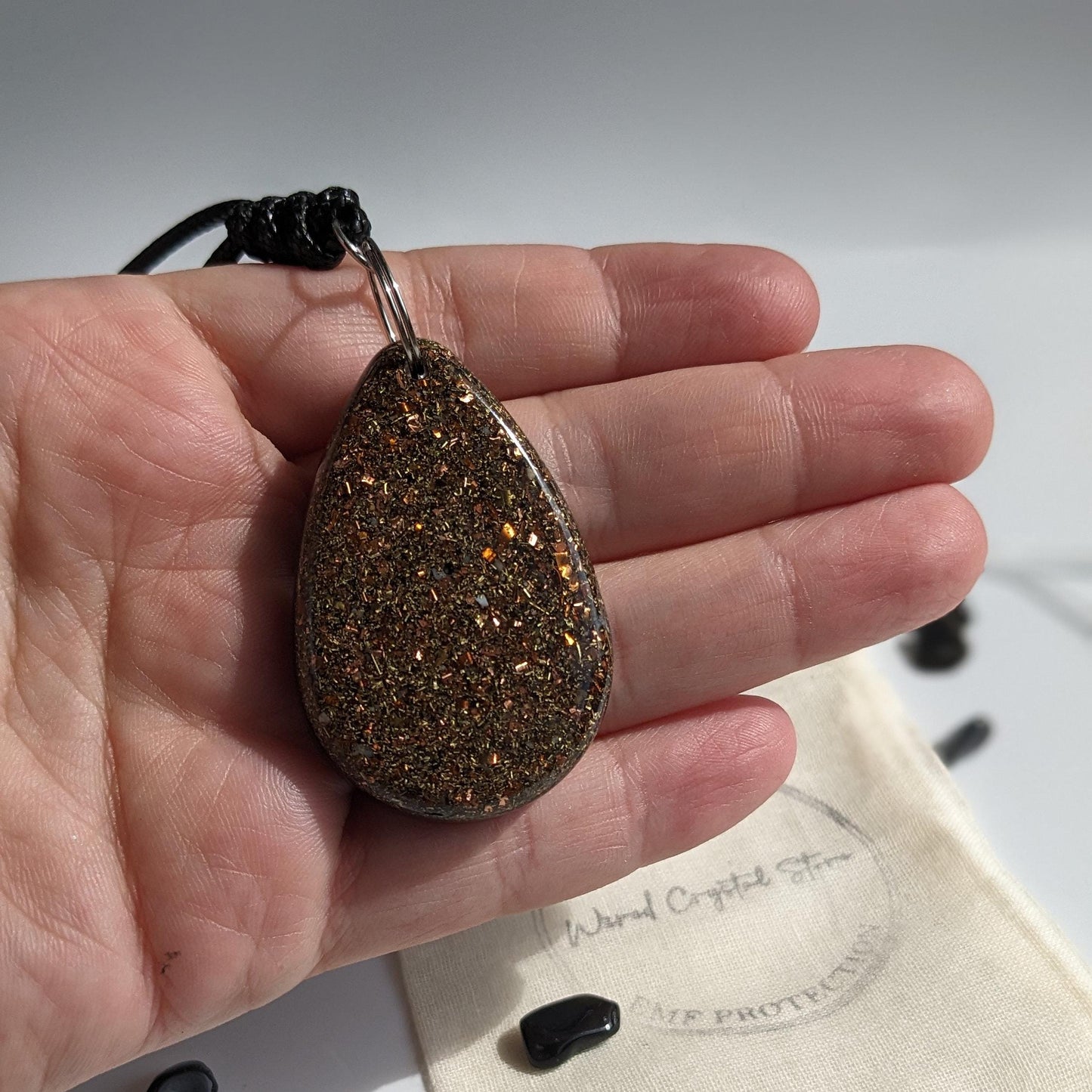 Dark Pendant With Shungite - Orgonite Necklace For EMF Protection - Adjustable Rope Orgone Pendant - Wearable Protective Stone For Empaths