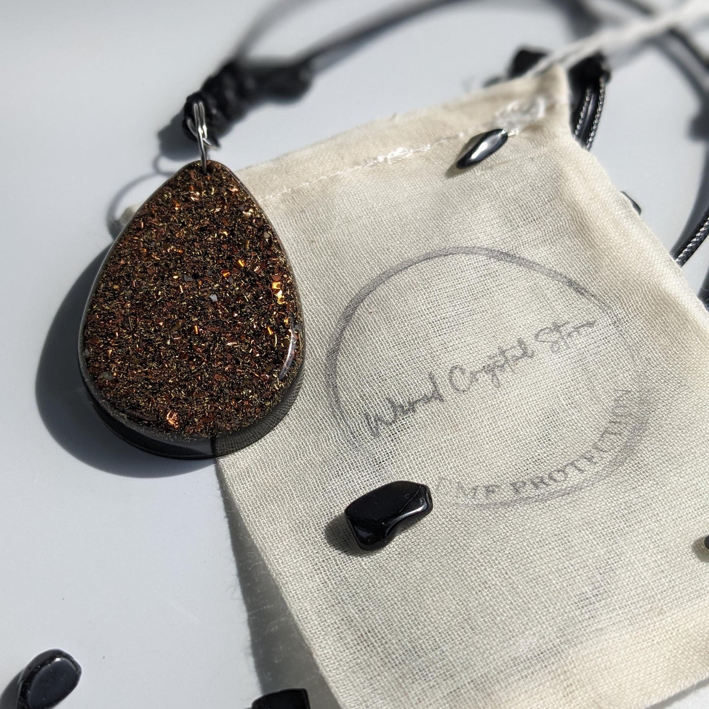 Dark Pendant With Shungite - Orgonite Necklace For EMF Protection - Adjustable Rope Orgone Pendant - Wearable Protective Stone For Empaths