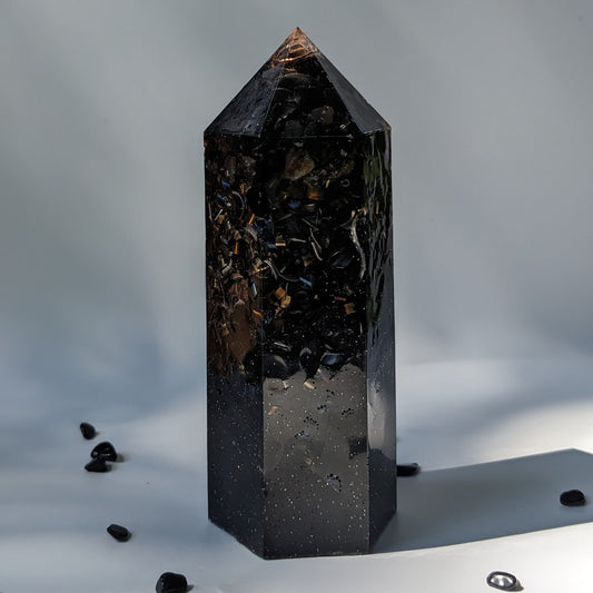 Large Black Obsidian Orgonite Tower - Crystal Point For Protection - Deep Aura Cleansing Tool - Positive Energy Healing Gift For New Home