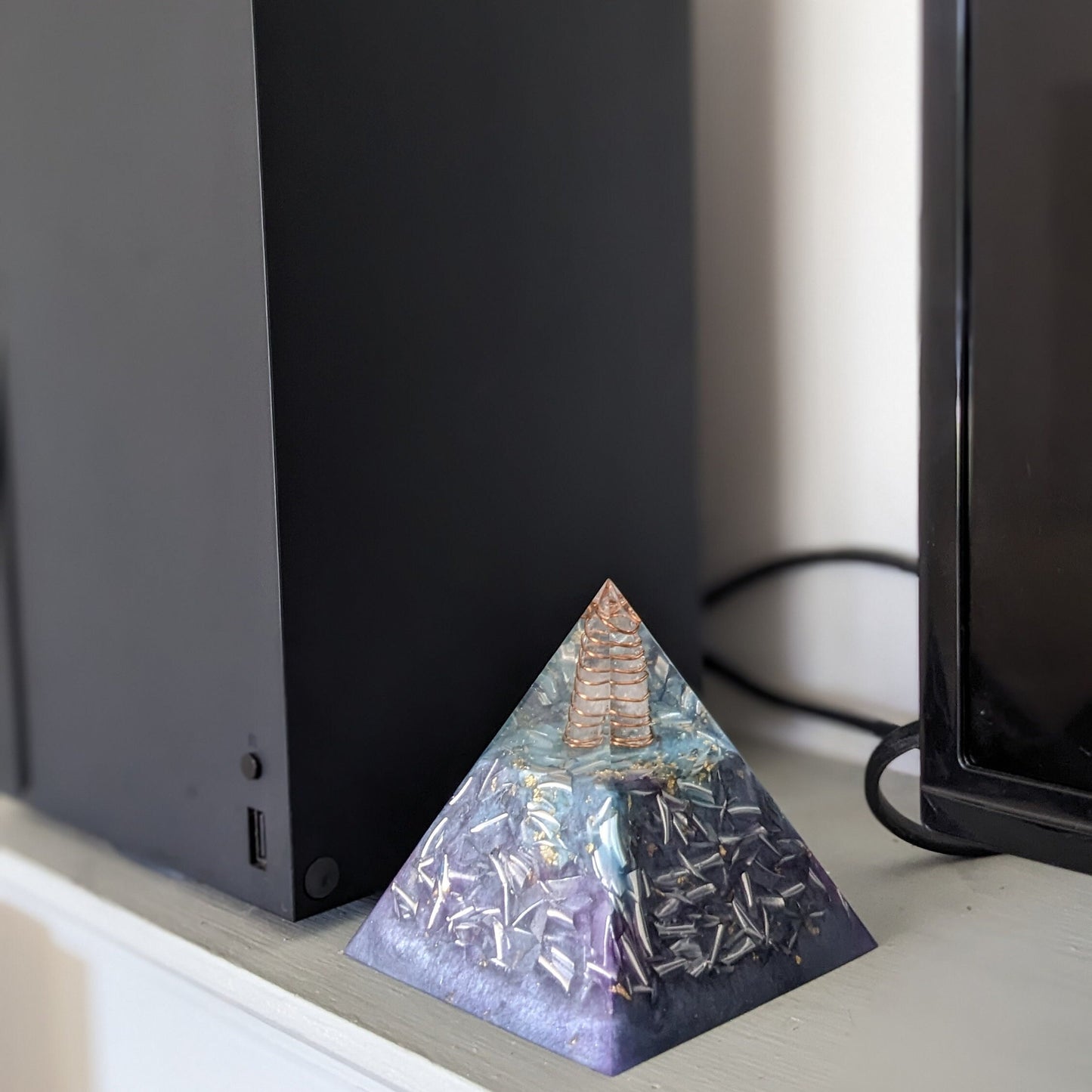 Orgonite Pyramid with Shungite, Quartz & Copper | Handmade Resin Pyramid for Desk, Nightstand and Modern Home Decor