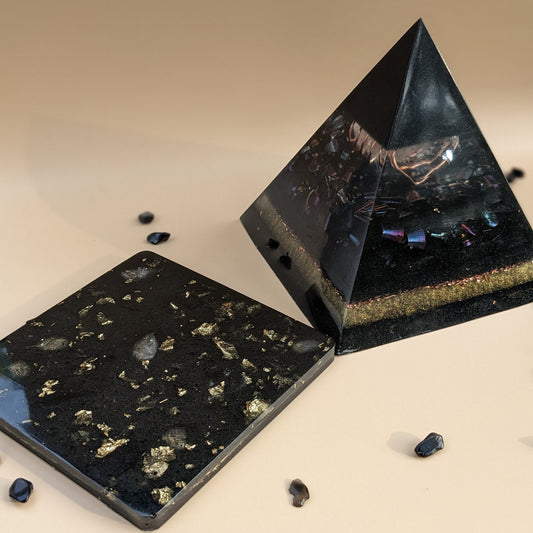 Large Orgonite Pyramid And Charging Plate - Crystal Set For New Beginnings - Shungite Stone For EMF Protection - Real Orgone Positive Energy