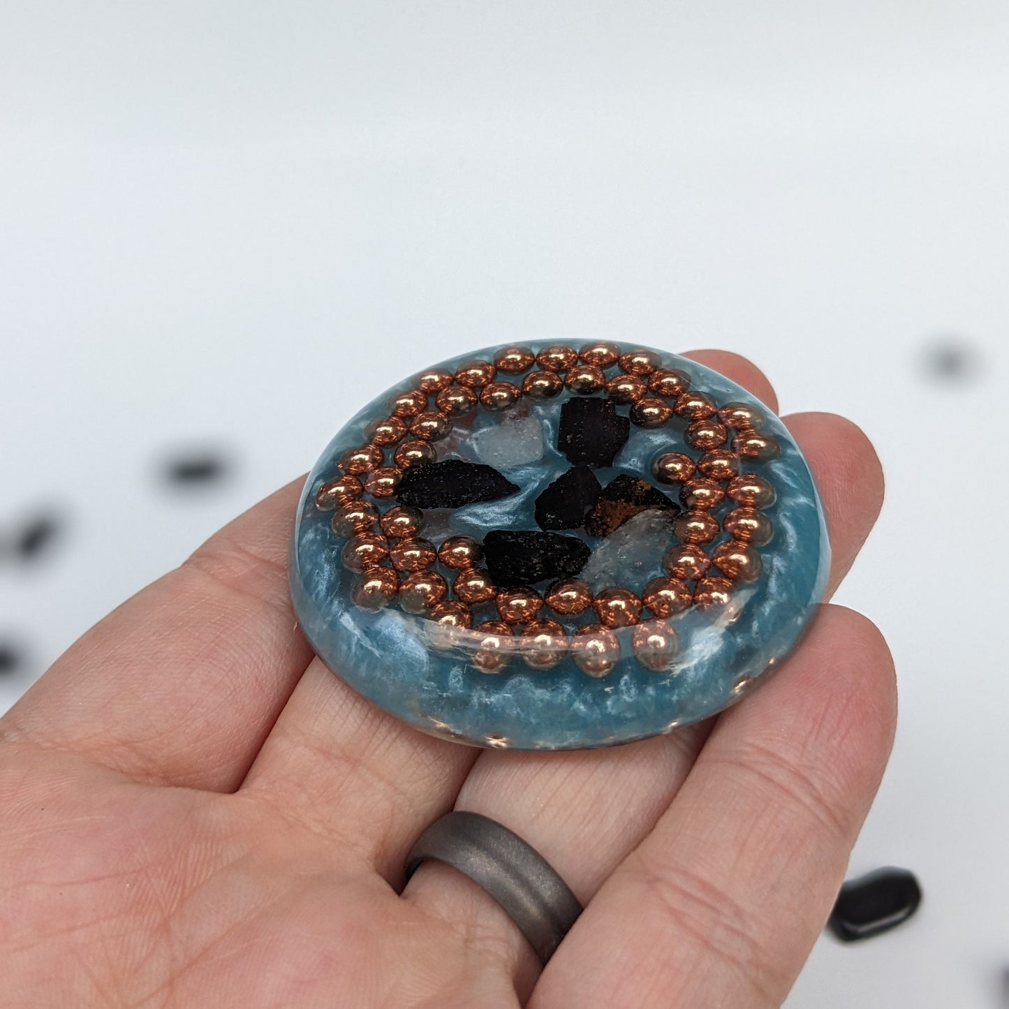 Pocket Stone For EMF Protection - Black Tourmaline In Orgonite - Custom Resin Worry Stone - Crystal For Travel - Smooth Round Palm Stone