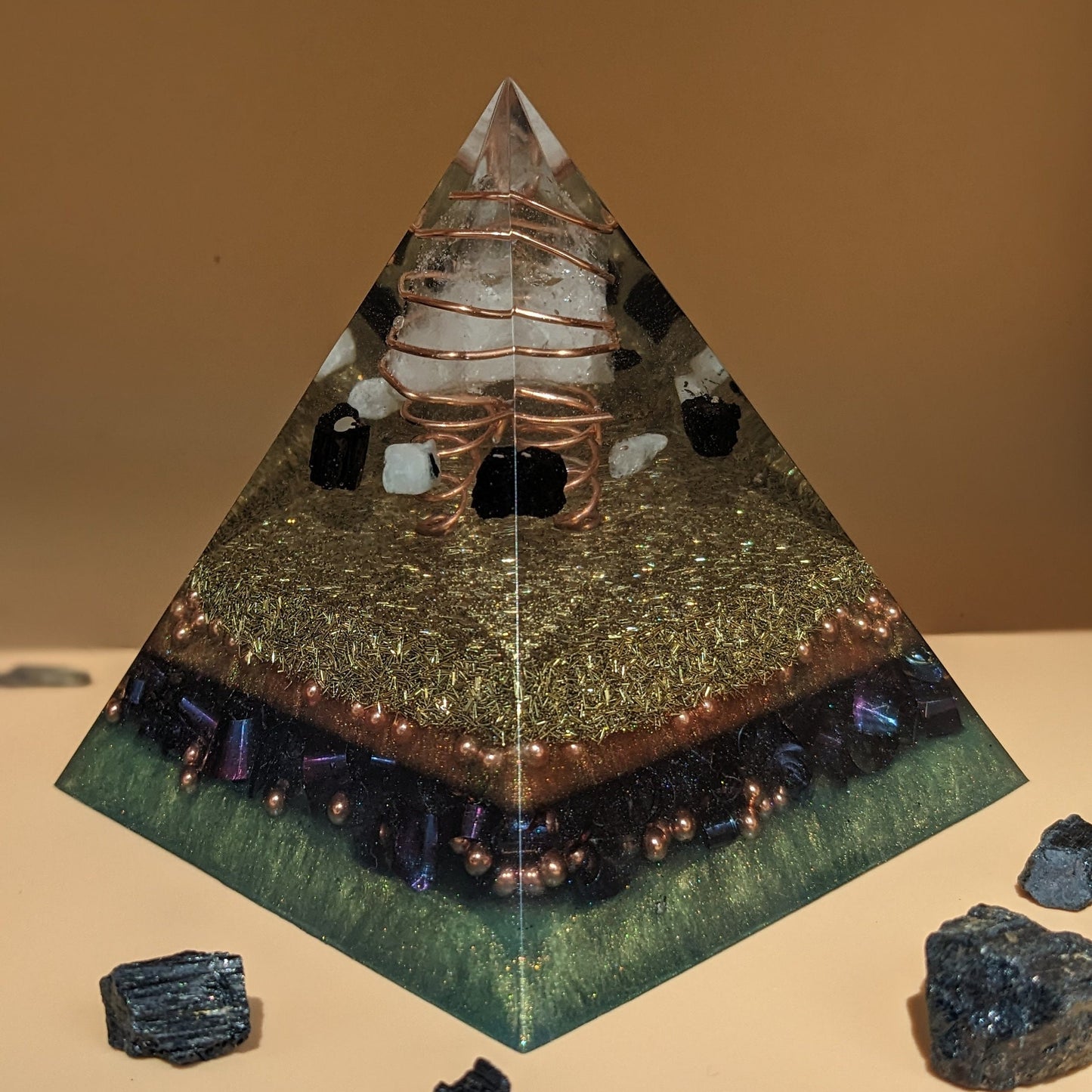 Orgonite Pyramid For EMF Protection - Black Tourmaline Moonstone Crystal For Cleansing - Gift For Meditation - Negative Energy Remover