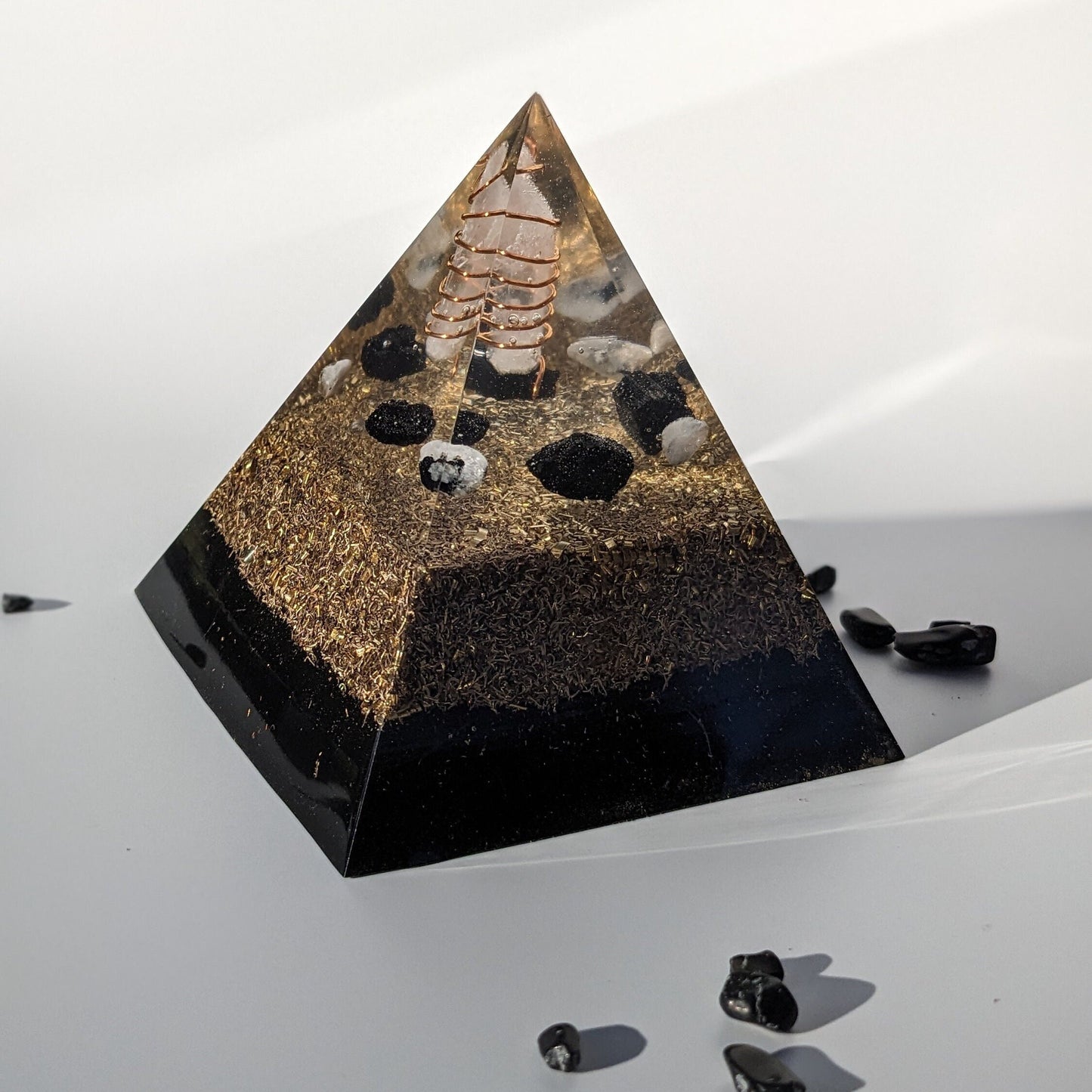 Handmade Orgonite Pyramid - Real Orgone Energy Harmonizer - Black Tourmaline And Moonstone Crystal Point - EMF And Energy Protection Stones