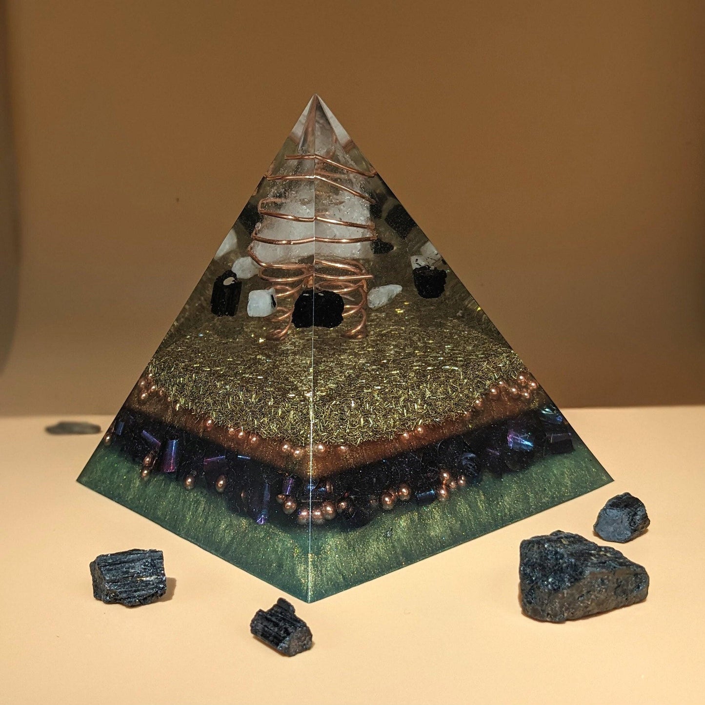 Handmade Orgonite Pyramid | Quartz, Tourmaline, Moonstone, Steel, Brass & Copper | Unique Decorative Resin Art for Home or Office