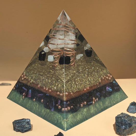 Handmade Orgonite Pyramid | Quartz, Tourmaline, Moonstone, Steel, Brass & Copper | Unique Decorative Resin Art for Home or Office