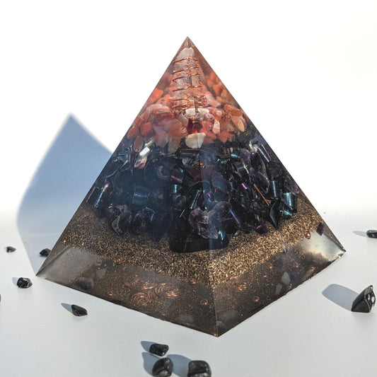 Handmade Orgonite Pyramid for EMF-Conscious Spaces | Copper, Quartz, Tourmaline & Carnelian Energy Decor