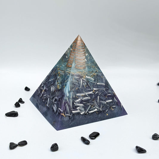 Orgonite Pyramid with Shungite, Quartz & Copper | Handmade Resin Pyramid for Desk, Nightstand and Modern Home Decor