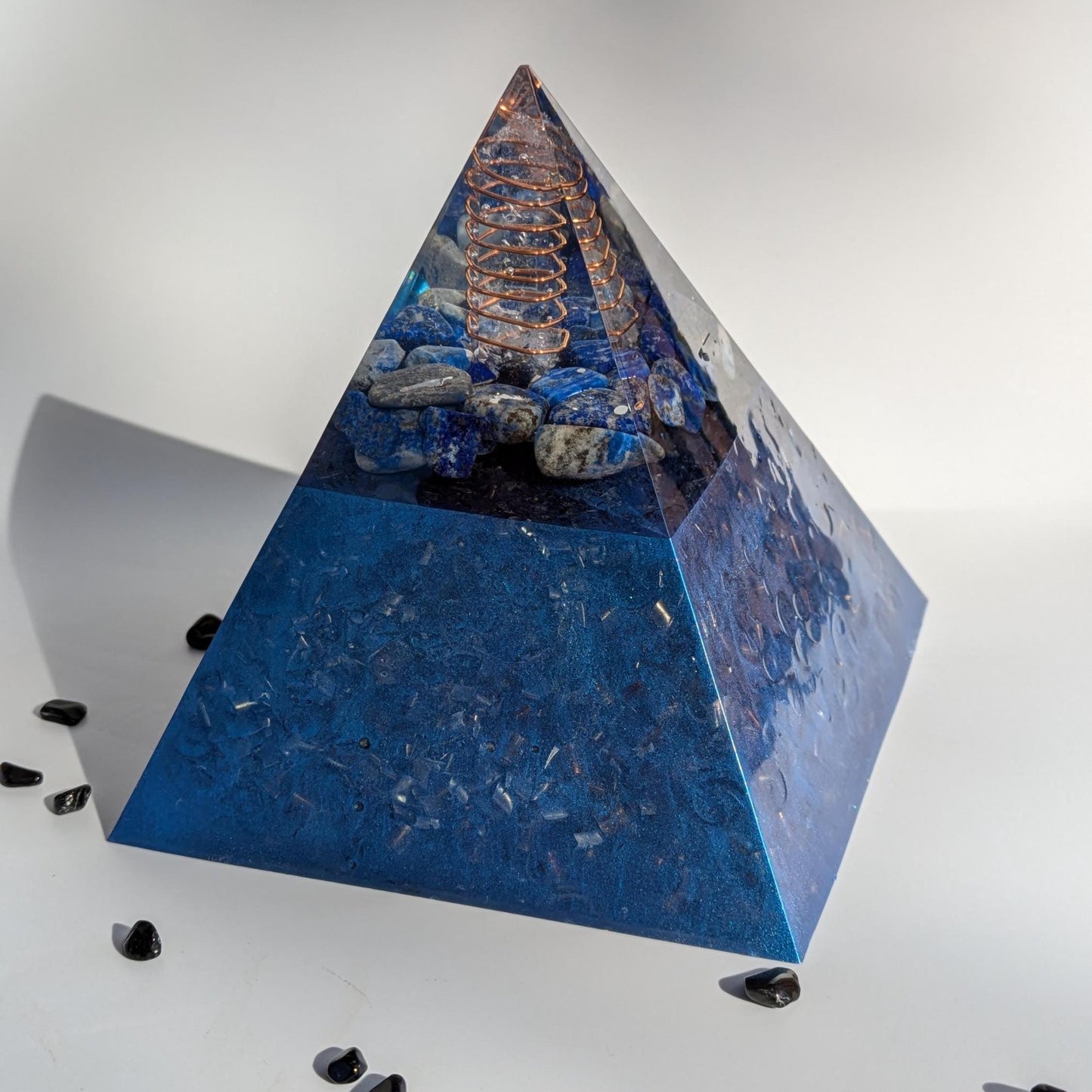 Large Orgonite Pyramid | Lapis Lazuli Copper Resin Crystal Decor | Handmade EMF Smart Meter Desk or Home Gift