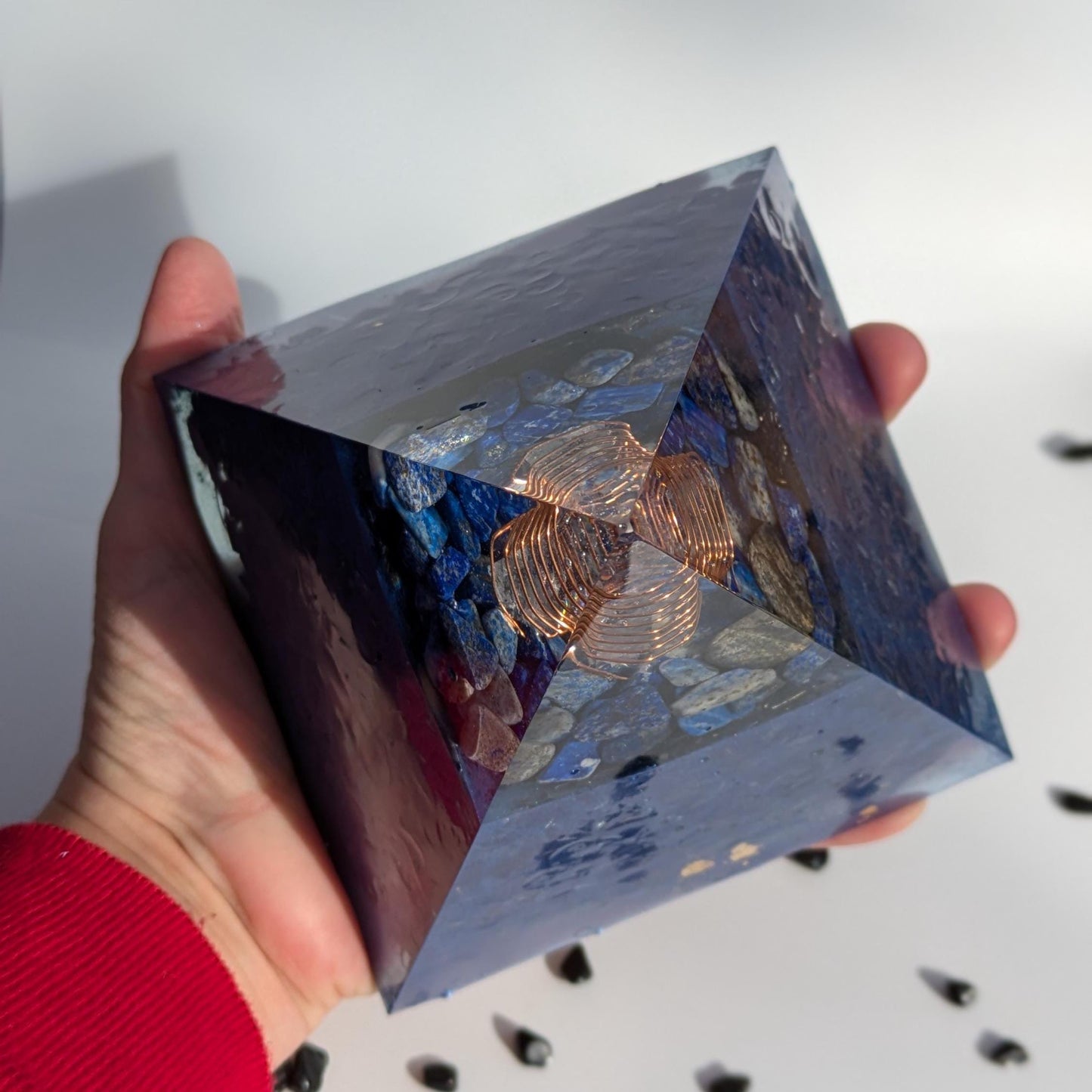 Large Orgonite Pyramid | Lapis Lazuli Copper Resin Crystal Decor | Handmade EMF Smart Meter Desk or Home Gift