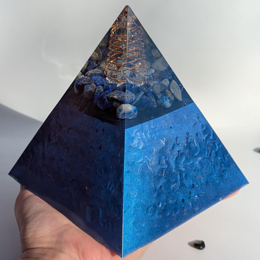 Large Orgonite Pyramid | Lapis Lazuli Copper Resin Crystal Decor | Handmade EMF Smart Meter Desk or Home Gift