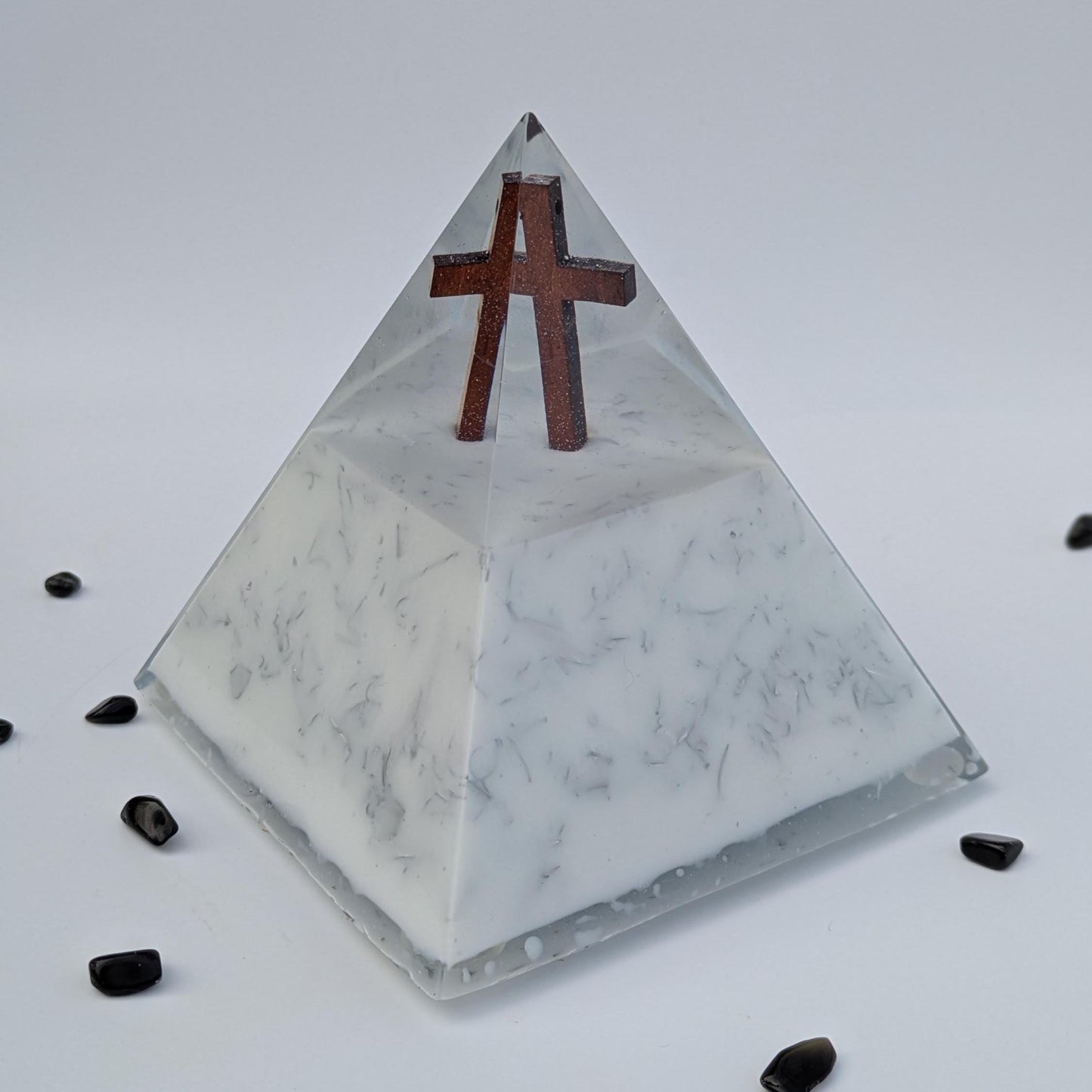 Large Resin Pyramid with Wooden Cross – Handmade Christian Home Decor | Modern Resin Keepsake Gift | Faith-Inspired Desk or Entryway Art