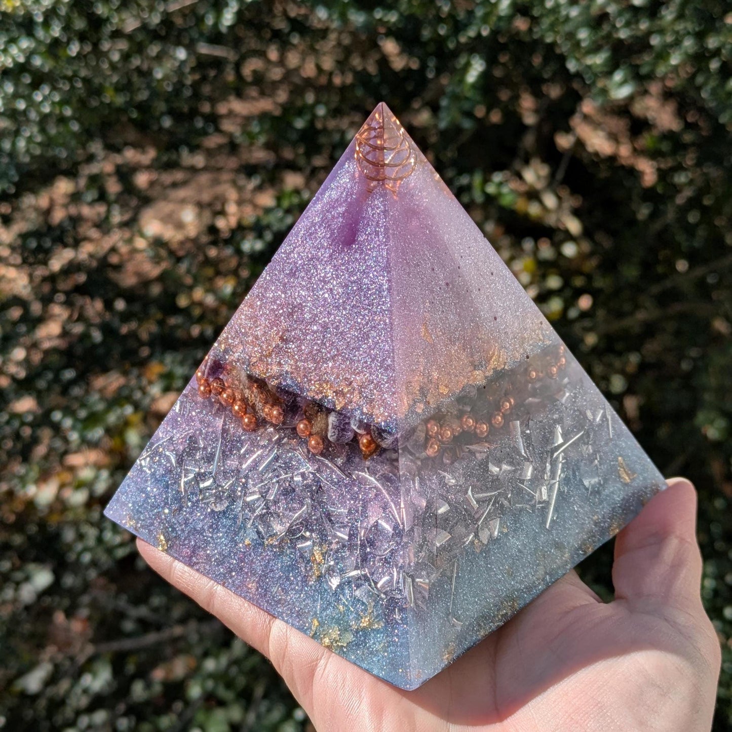 Handmade Orgonite Pyramid with Amethyst & Gold Flakes | Modern Resin Desk Decor | EMF Awareness Gift for Home or Office