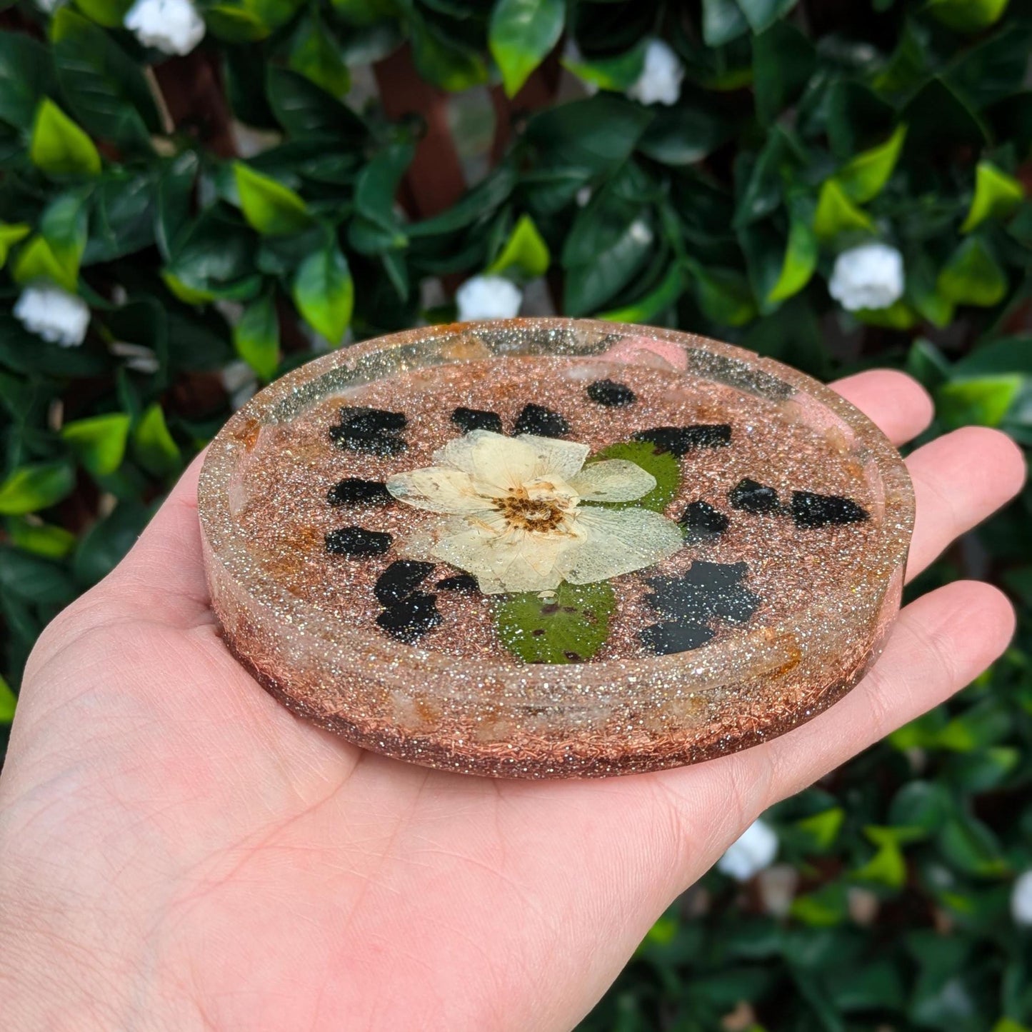 Handmade Orgonite Charging Plate with Quartz, Copper & Tourmaline – Resin Coaster for Desk or Nightstand – EMF Awareness Gift