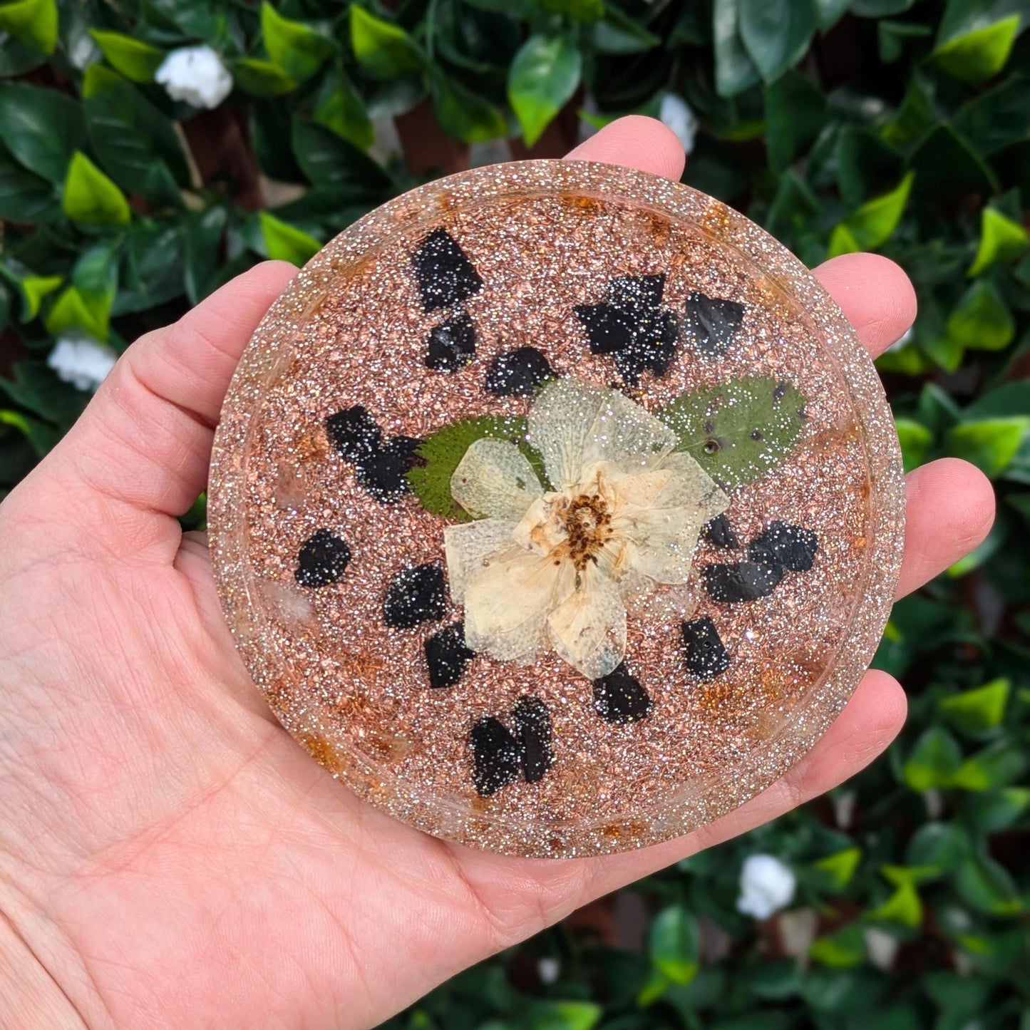 Handmade Orgonite Charging Plate with Quartz, Copper & Tourmaline – Resin Coaster for Desk or Nightstand – EMF Awareness Gift