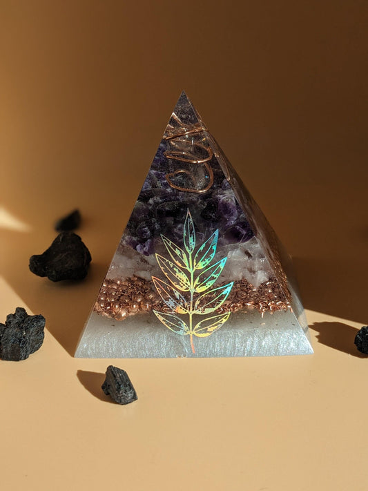 Handmade Rose Quartz Orgonite Resin Pyramid – Pink & Purple Desk Decor | Modern Home or Office Art Sculpture | Unique Handmade Gift