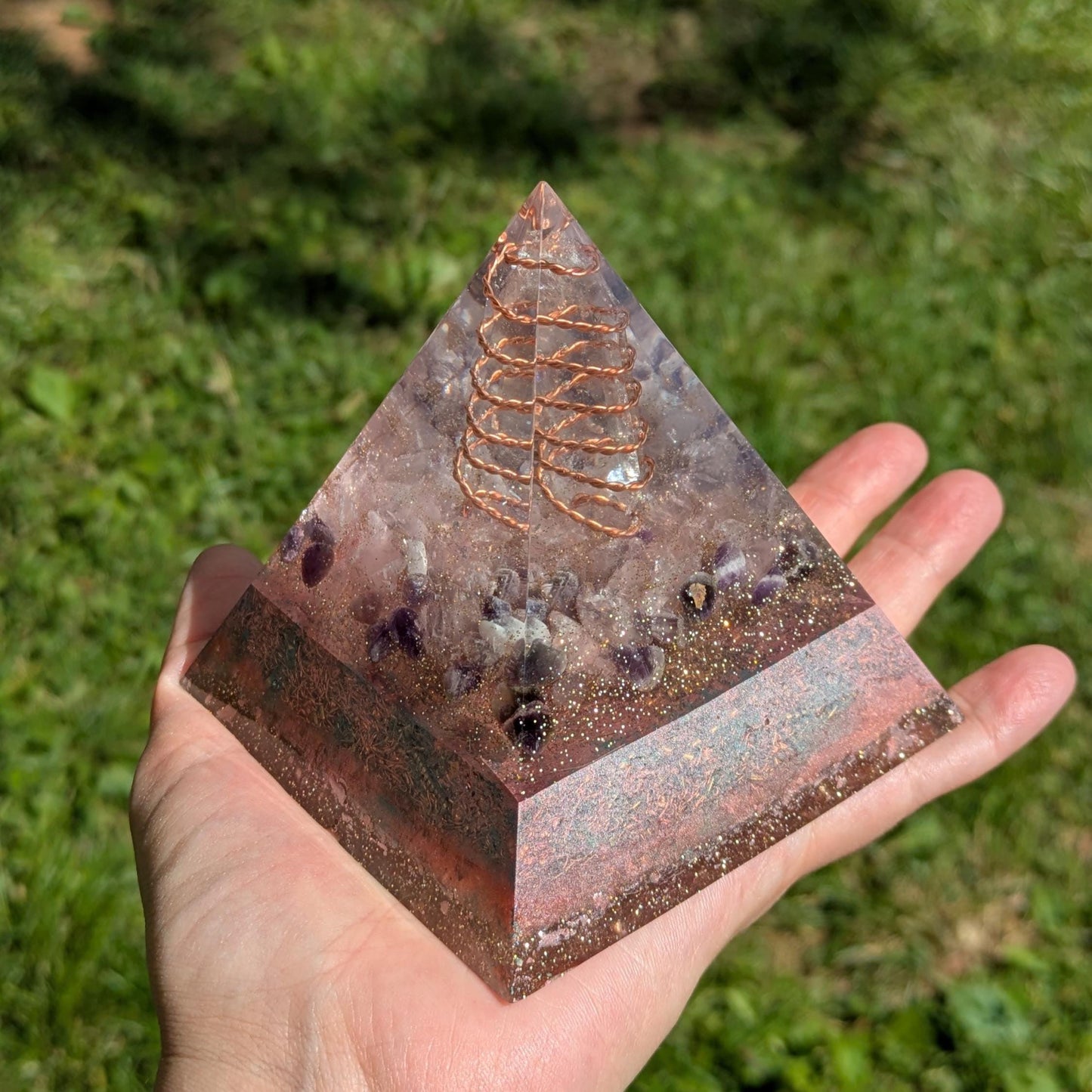 Orgonite Pyramid | EMF Awareness Decor | Handmade Resin Pyramid with Crystals & Copper | Orgone Energy Piece for Home or Office