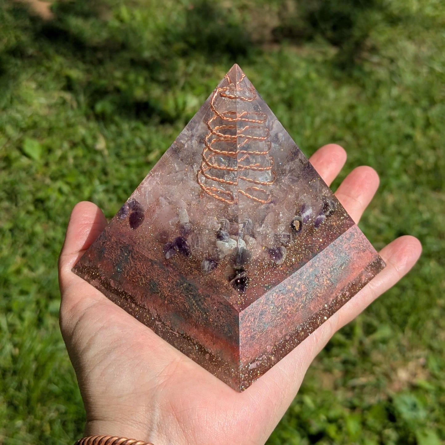 Orgonite Pyramid | EMF Awareness Decor | Handmade Resin Pyramid with Crystals & Copper | Orgone Energy Piece for Home or Office