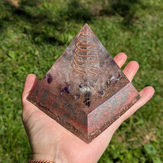 Orgonite Pyramid | EMF Awareness Decor | Handmade Resin Pyramid with Crystals & Copper | Orgone Energy Piece for Home or Office