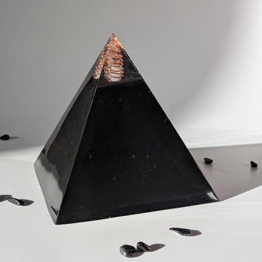 Handmade Orgonite Pyramid with Copper, Quartz & Shungite – Resin Desk Decor for Home or Office – EMF Awareness Gift
