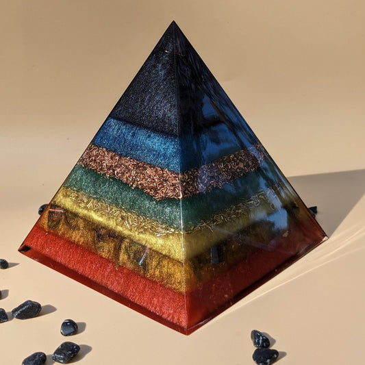 Rainbow Orgonite Resin Pyramid – Handmade Desk Decor with Quartz, Copper & Shungite | Colorful Resin Art for Home or Office