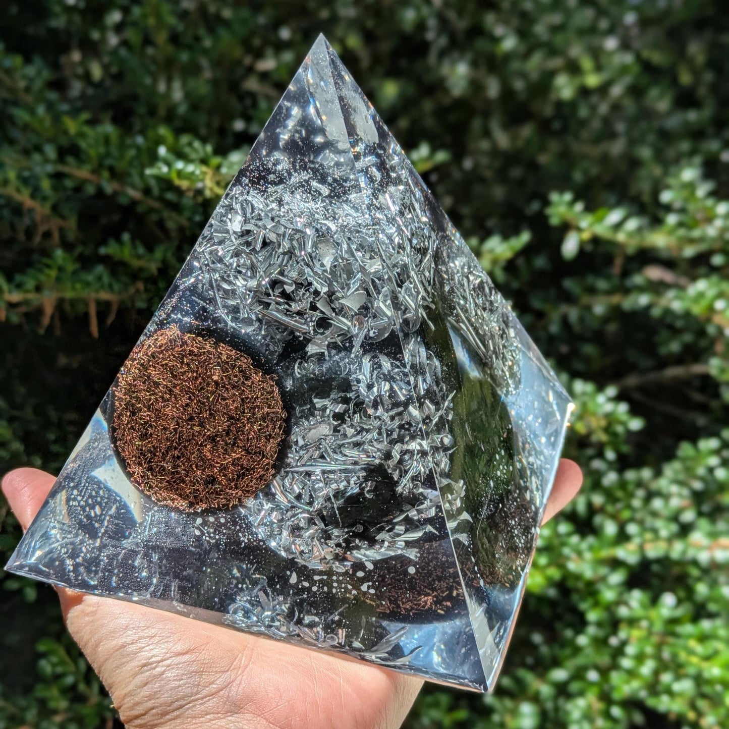Large Orgonite Pyramid with Tower Busters & Pocket Discs – Handmade Resin Pyramid with Shungite, Quartz, Copper, Brass, Aluminum