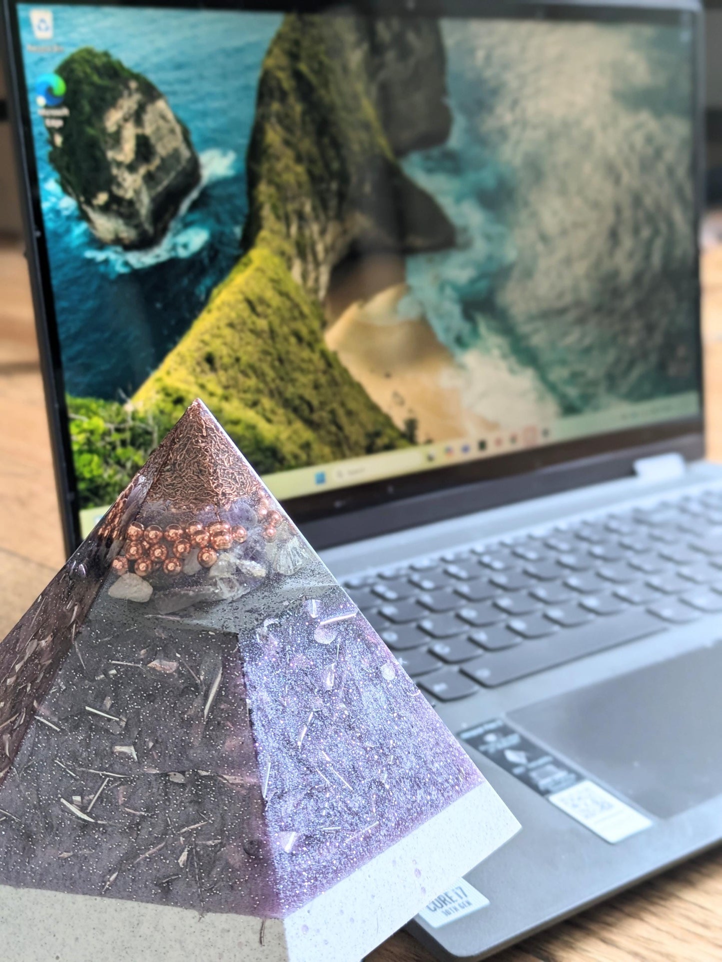 Large Orgonite Pyramid – Handmade Amethyst & Citrine Crystal – Iron, Steel And Copper Resin Art – Tech-Conscious Décor Gift