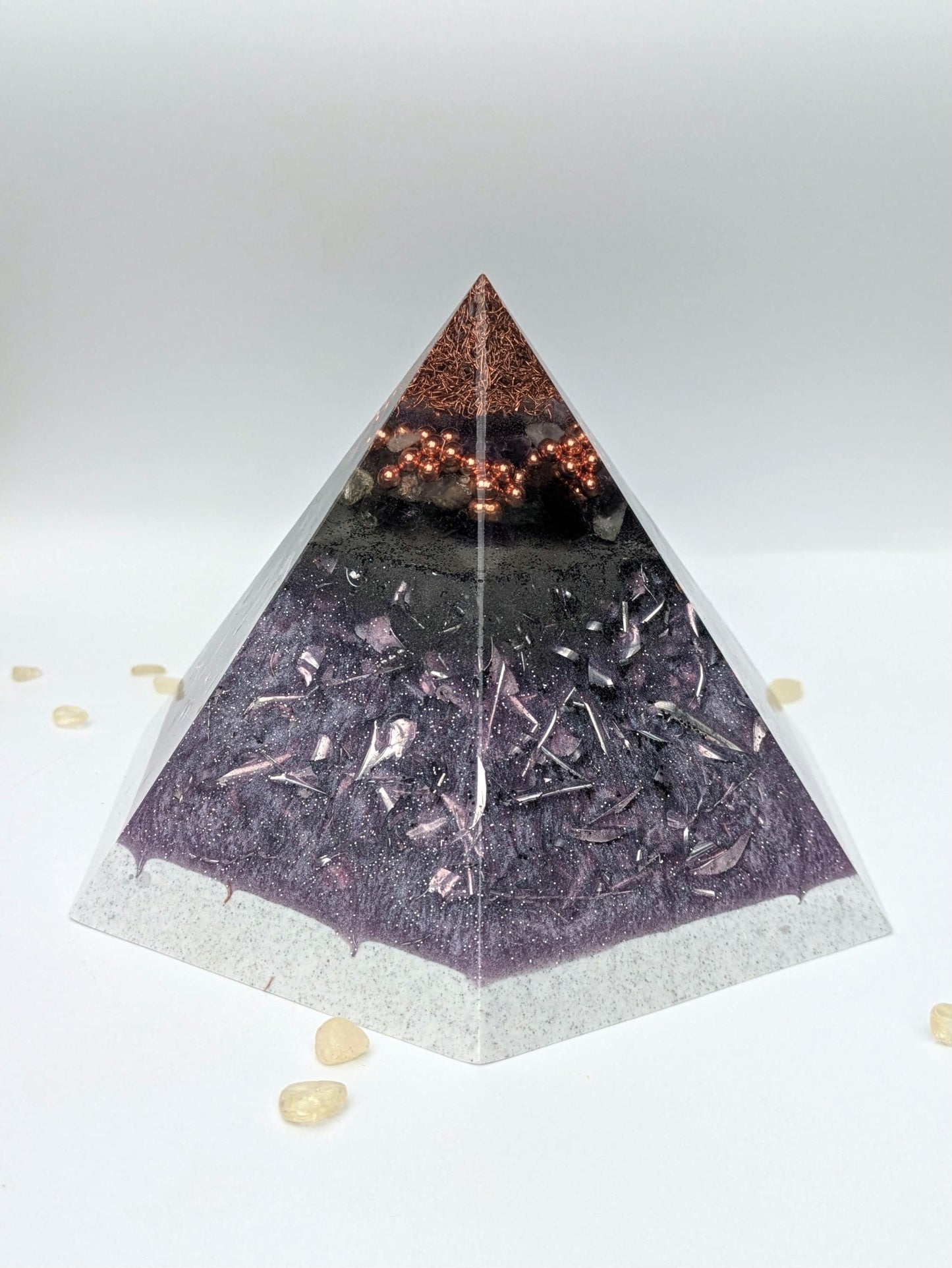 Large Orgonite Pyramid – Handmade Amethyst & Citrine Crystal – Iron, Steel And Copper Resin Art – Tech-Conscious Décor Gift