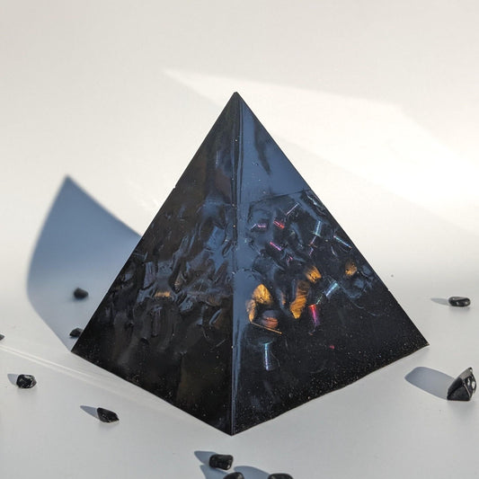 Large Orgonite Pyramid with Shungite, Tigers Eye & Quartz | Handmade Resin Crystal Pyramid for Desk or Home Display