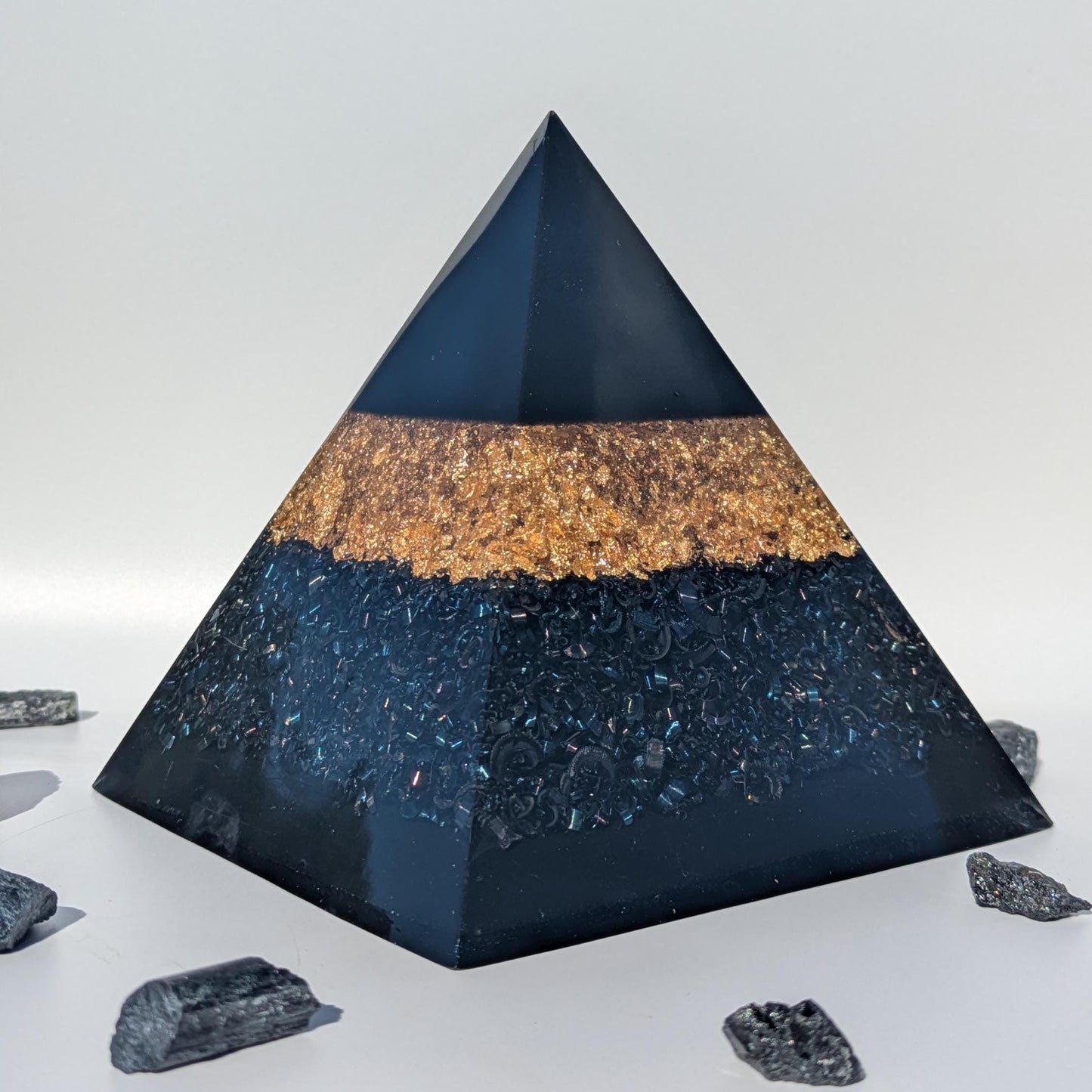 Modern Orgonite Pyramid with Quartz, Shungite & Metal | Handmade Resin Art Decor | 5" Pyramid Sculpture for Desk, Shelf or Office EMF Gift