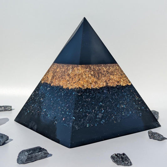 Modern Orgonite Pyramid with Quartz, Shungite & Metal | Handmade Resin Art Decor | 5" Pyramid Sculpture for Desk, Shelf or Office EMF Gift