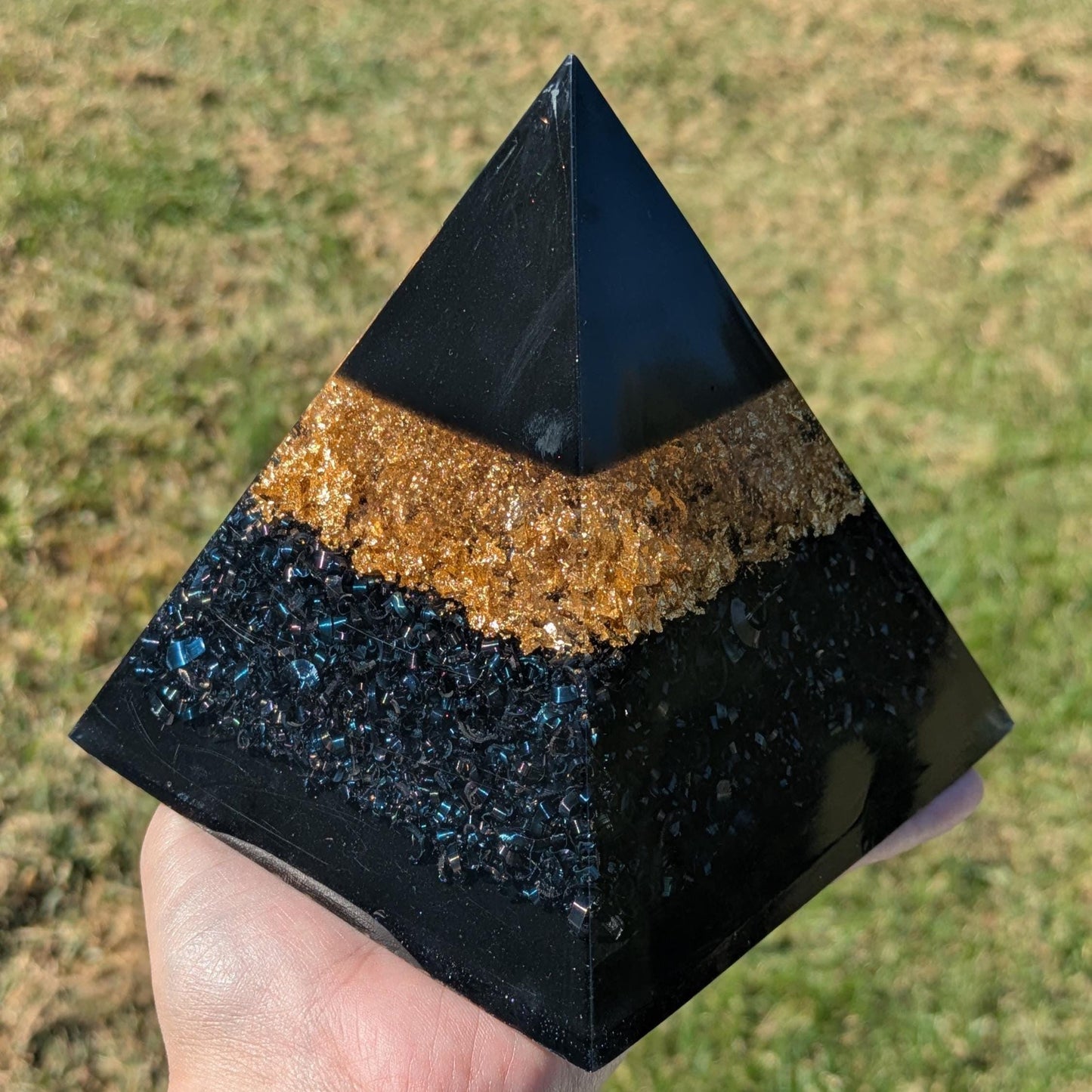 Modern Orgonite Pyramid with Quartz, Shungite & Metal | Handmade Resin Art Decor | 5" Pyramid Sculpture for Desk, Shelf or Office EMF Gift