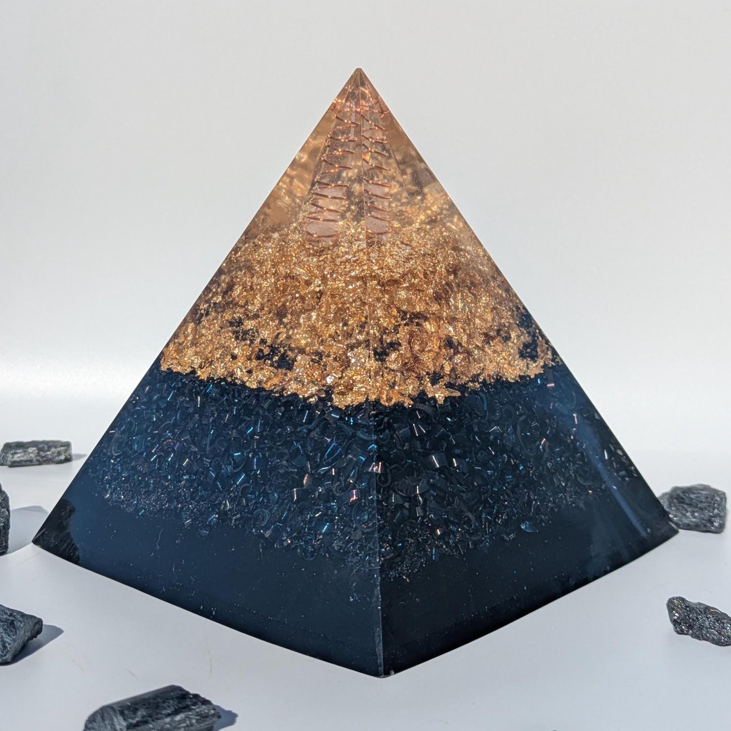 Orgonite Pyramid with Shungite, Quartz & Metals | Handmade Resin Art for EMF-Aware Homes | Modern Decor Accent or Gift