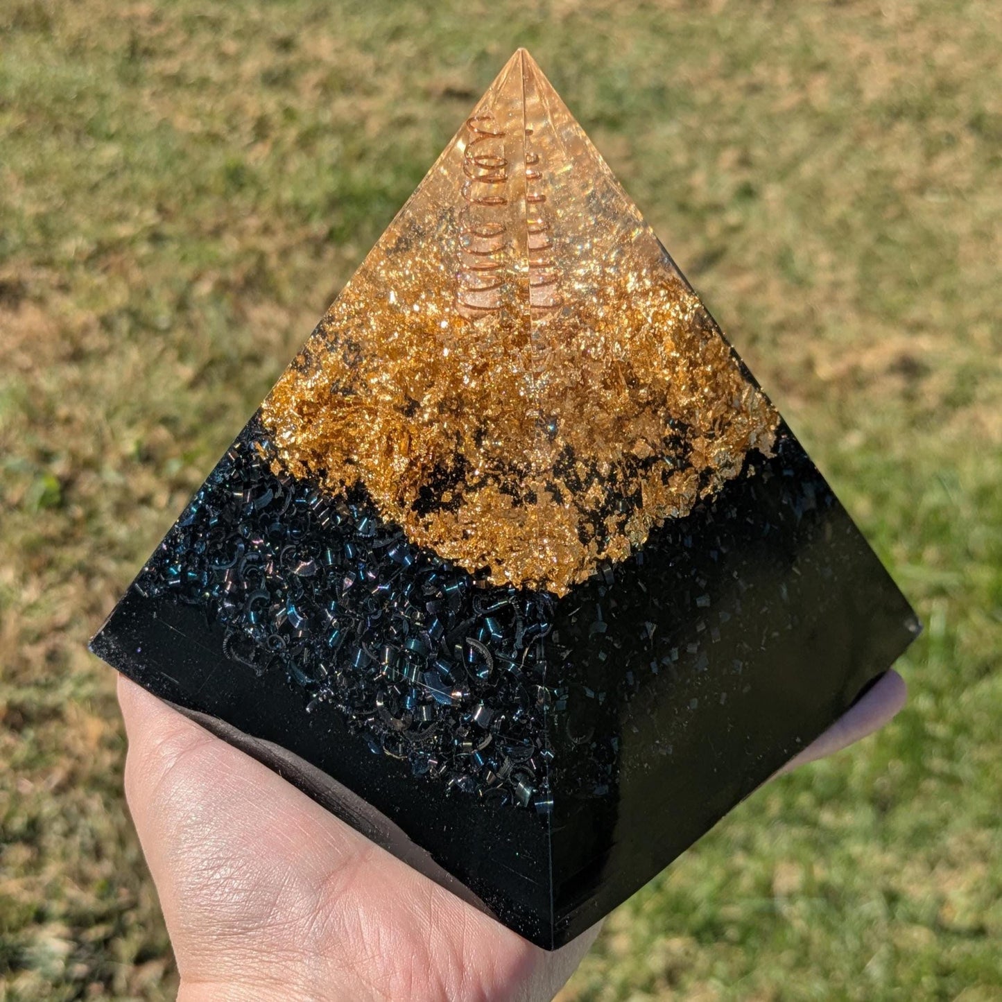 Orgonite Pyramid with Shungite, Quartz & Metals | Handmade Resin Art for EMF-Aware Homes | Modern Decor Accent or Gift