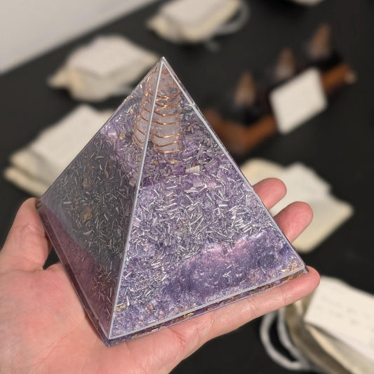 Orgonite Pyramid with Shungite & Quartz | Handmade EMF Awareness Decor | Resin Pyramid for Desk, Nightstand, or Workspace