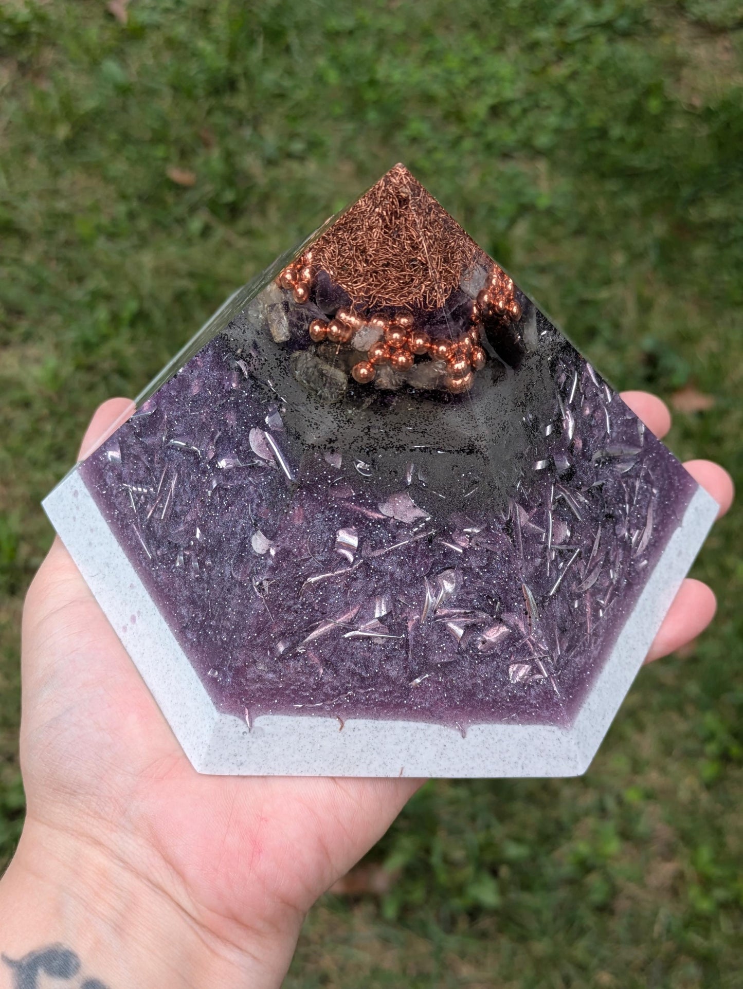 Large Orgonite Pyramid – Handmade Amethyst & Citrine Crystal – Iron, Steel And Copper Resin Art – Tech-Conscious Décor Gift