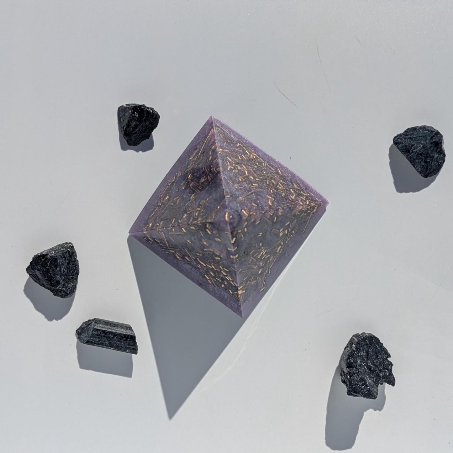 Modern Orgonite Pyramid with Quartz & Brass | Handmade Resin Art Decor | Small Pyramid Sculpture for Desk, Shelf or Office EMF Gift