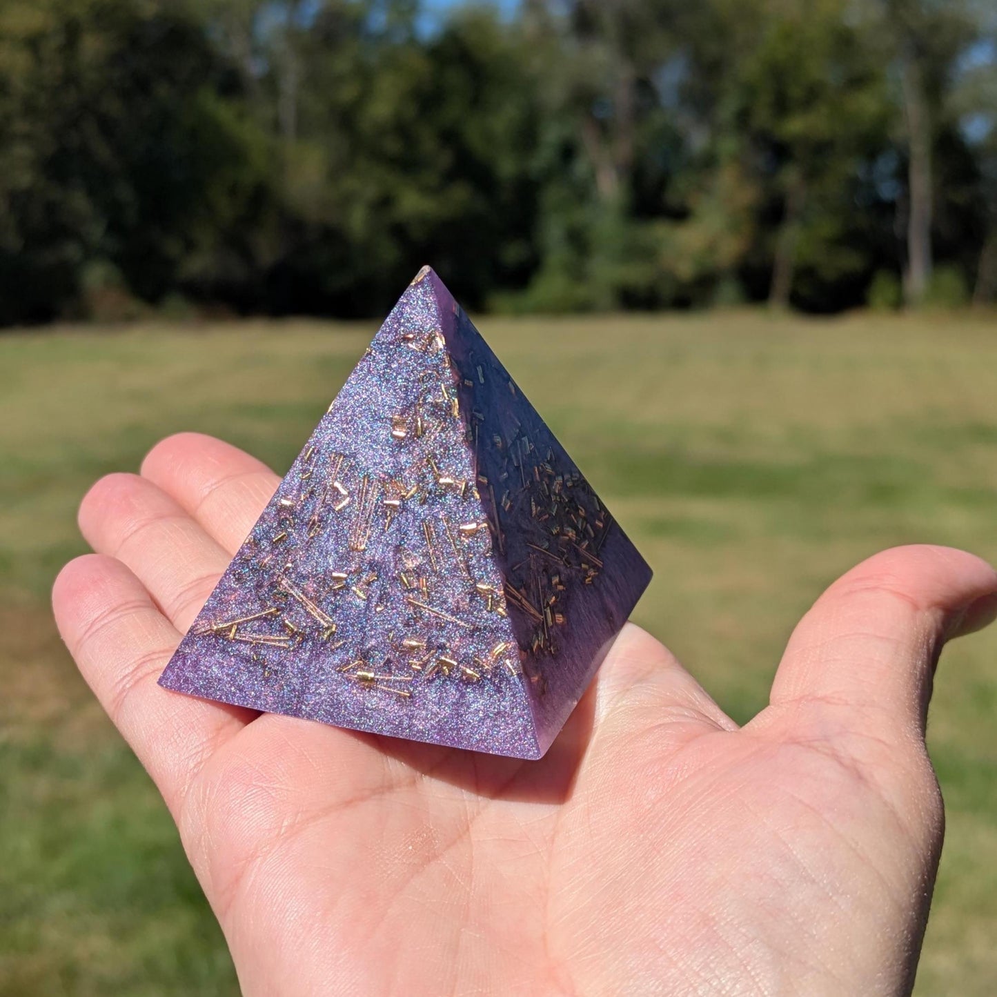 Modern Orgonite Pyramid with Quartz & Brass | Handmade Resin Art Decor | Small Pyramid Sculpture for Desk, Shelf or Office EMF Gift