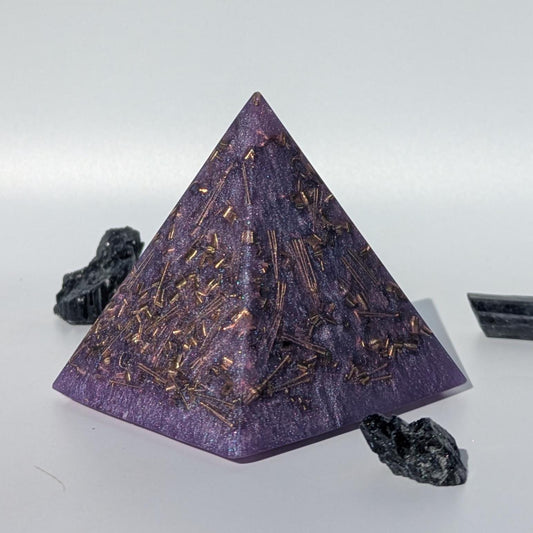 Modern Orgonite Pyramid with Quartz & Brass | Handmade Resin Art Decor | Small Pyramid Sculpture for Desk, Shelf or Office EMF Gift