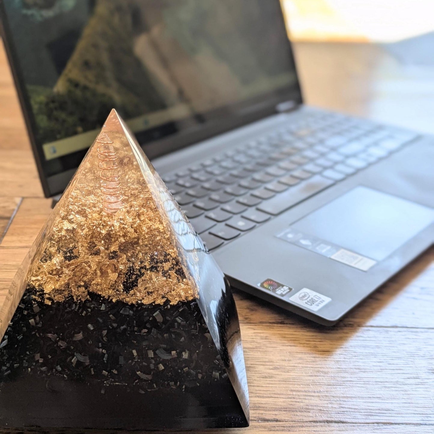Modern Orgonite Pyramid with Quartz, Shungite & Metal | Handmade Resin Art Decor | 5" Pyramid Sculpture for Desk, Shelf or Office EMF Gift