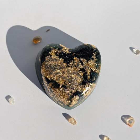 Heart Shaped Orgonite Tower Buster • Quartz Gold Steel Resin Heart • Handmade EMF Desk Decor • Unique Gift • Small Resin Art Accent